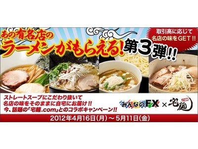 「みんなのＦＸ」×「宅麺.com」タイアップキャンペーン第3弾実施！取引高に応じて有名店のラーメンがもらえる！