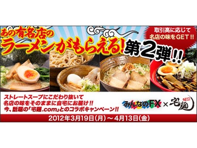 「みんなのＦＸ」×「宅麺.com」タイアップキャンペーン第2弾実施！ 取引高に応じて有名店のラーメンがもらえる！