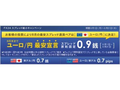 FX24の8月最安値宣言通貨ペアが“ユーロ／円”に決定！◆期間中は業界最安スプレッド 「０．９銭」 にて提供いたします。