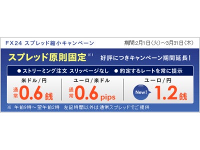 インヴァスト証券の「ＦＸ２４」、人気通貨ペアのスプレッドを縮小～米ドル/円、ユーロ/米ドルに加え、ユーロ/円スプレッドを業界最小水準に