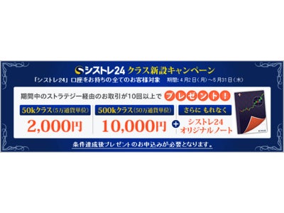 シストレ24、「クラス新設キャンペーン」延長のお知らせ～ご好評につき5月末まで！ 最高1万円 & シストレ24運用ノート をプレゼント～