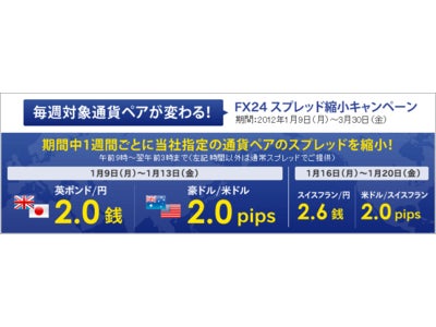 インヴァストFX24、『毎週通貨ペアが変わる！スプレッド縮小キャンペーン』実施～期間中は対象通貨ペアのスプレッドを業界最安水準に縮小！～