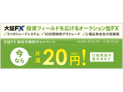 インヴァスト証券の「大証ＦＸ」、『格安手数料キャンペーン』を開始