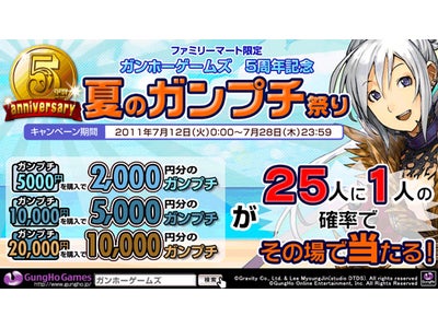 ファミリーマート限定！ ガンホーゲームズ5周年記念　夏のガンプチ祭り開催！！ガンプチが買ったその場で当たるチャンス！！