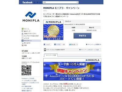 Facebookキャンペーンアプリ「モニプラ」、ユーザー数10万人突破
