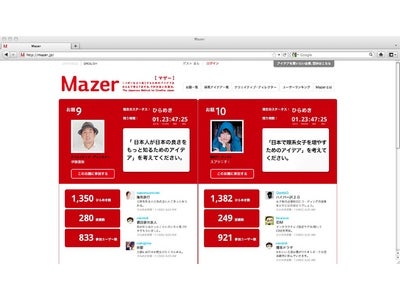 アナタのアイデアを企業が買う!!  日本初アイデアオークションサイト「Ｍａｚｅｒ」1 月9日（月）オープン！　片山正通、森本千絵、伊藤直樹らがクリエイティブ・ディレクターとしてアイデアを募集
