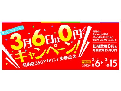 マーケティングナビゲーターSynergy!360、契約数360突破記念キャンペーン。 期間中のお申込みで初期／初月月額費無料。