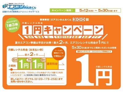店舗の省エネ化　CO２削減に最適　『業務用エアコンレンタル　１円キャンペーン』開始。