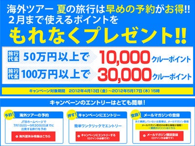 海外ツアー 夏の旅行は早めの予約がお得！！「最大30,000クルーポイント（30,000円分相当）をもれなくプレゼントキャンペーン」開始／JTBホームページ