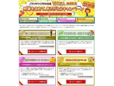 会員登録者数が150万人達成！15,000円の均一プランや総額100万円相当のポイントが当たるキャンペーンも！／JTBホームページ