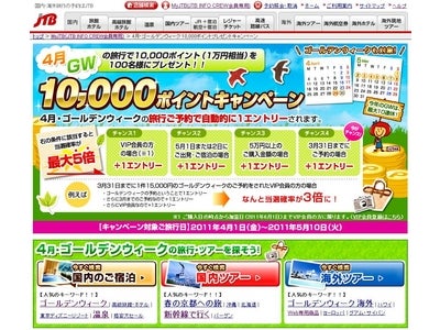 4月・GWの旅行で10,000ポイントが100名様に当たるキャンペーンを開始／JTBホームページ