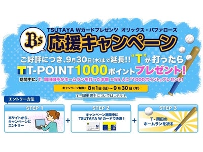 TSUTAYA Wカードプレゼンツ “Bs応援キャンペーン”T-岡田選手が打ったら「Tポイント」プレゼント！好評につき9月末まで延長します！