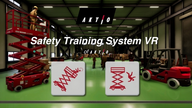 「Safety Training System VR of AKTIO」のVRコンテンツTOP画面 （「車両転倒コンテンツボタン」と「転落コンテンツボタン」から選定）