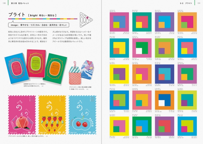 （第5章 配色パレット）配色パレットは、配色イメージの基本となる12トーンの色を組み合わせたものです。トーンごとに20パターンの配色サンプルと関連するイメージワード、配色のイメージに近い実例作品を紹介します。