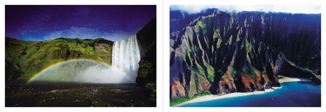 【左】スコーガフォス（アイスランド）／【右】ナパリコースト（ハワイ）