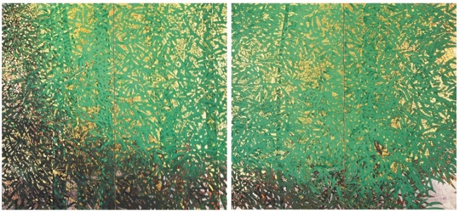 《緑扇》1975（昭和50）年、紙本着色・二曲屏風一双、横浜美術館蔵