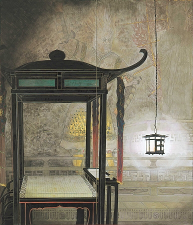 《方広会の夜》1950（昭和25）年、紙本着色・二曲屏風一隻、横浜美術館蔵（山口久像氏寄贈）