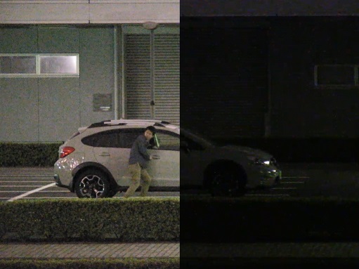 肉眼で見た場合（右）とネットワーク カメラで撮影した映像（左）の違い