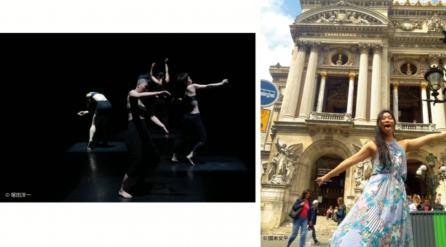 川村美紀子 ※横浜ダンスコレクションEX2015“Inner Mommy”（左）6ヶ月のフランス滞在。オペラ座の前にて（右）