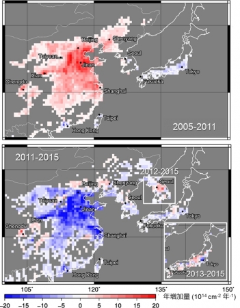 図2　2005～2011年(上)と2011～2015年(下)のNO2の大気中カラム濃度の年増加量の地理的分布。緯度経度0.5度(およそ50 km)の格子毎に増加量が示されています。差し込み図は、2012-2015年の韓国における年増加量、2013-2015年の日本における年増加量を示します。