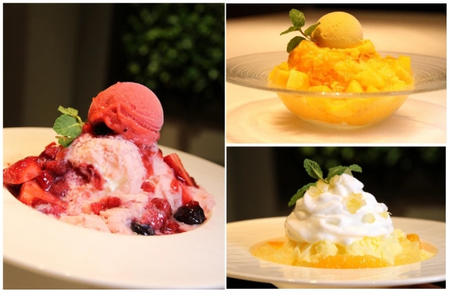 （左）「ソフトクリームと苺フレーバーのかき氷」（右上）「ソフトクリームとマンゴーフレーバーのかき氷」（右下）「レモンとヨーグルトエスプーマのかき氷」