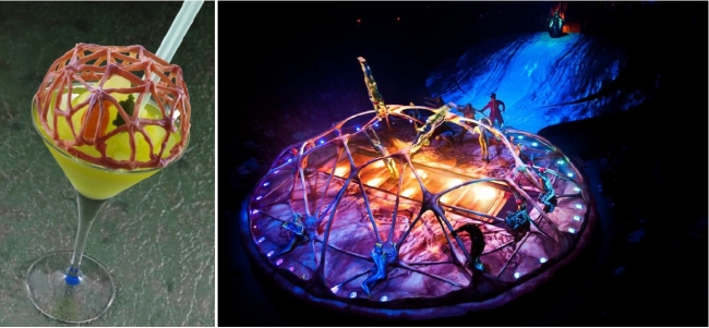（左）亀の甲羅をイメージしたカクテル「Origin(オリジン) ～生命の息吹～」 （右）「ダイハツ トーテム」の演目のひとつ「カラペース」