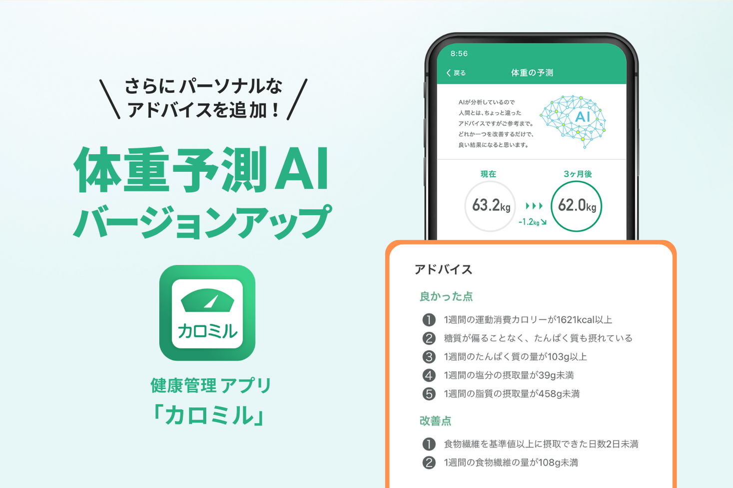カロミルの体重予測AIがバージョンアップ食事運動体重を加味するパーソナライズされた予測が可能にライフログテクノロジー株式会社の