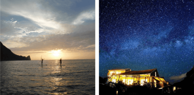 （左）SUPクルージングとビーチキャンプ1泊ツアー。   テラワークス（沖縄：本島） （右）石垣島で満点の星空観察で「キャンプ気分」を。   オリオン（沖縄：石垣島）