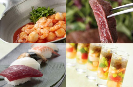 【ディナー限定】「香虎特製海老のチリソース」（画像左上）／「花座オリジナル夏野菜と魚介のもずくゼリー」（画像右下）