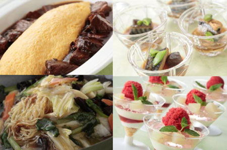 【ランチ・ディナー共通】「国産牛肉の赤ワイン煮込み ジャンボオムレツ ネン風」（画像左上）／「ピーチメルバ」（画像右下）