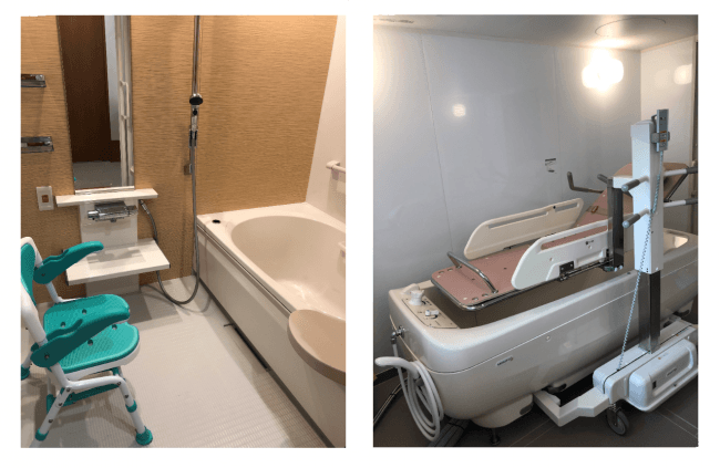 個浴室(左)・介護浴室(右)：予約制で自由に使用できます。個浴は入れ替え制で毎日のご利用も可能です。介護が必要な方は、介護保険サービスとしてケアスタッフがサポートします。