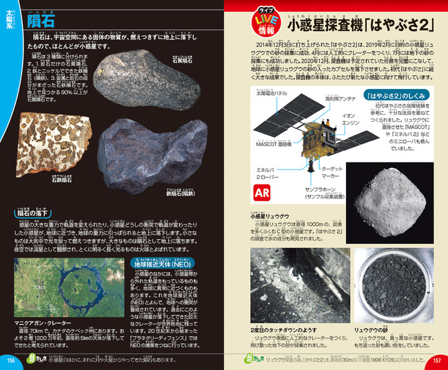 「はやぶさ２」と小惑星リュウグウ、持ち帰った砂の写真などを掲載。タッチダウンの様子はスマホで見られます！