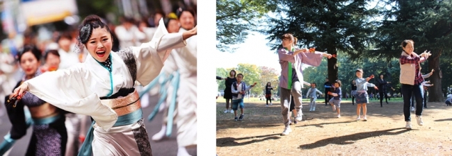 左：講師はプロダンサーの松岡亜季さん／右：イベントの様子（今回は室内開催です）
