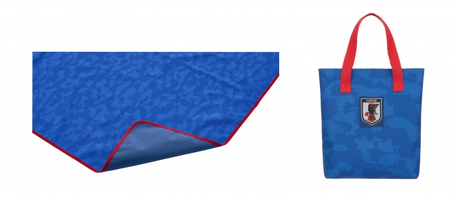 防水仕様のレジャーシート。幅186cm×奥行き145cmのゆったりくつろげるサイズ。（左）裏面にPVCコーティングを施し、地面からの湿気を寄せつけない。 （右）持ち運びに便利な収納バッグ付き。