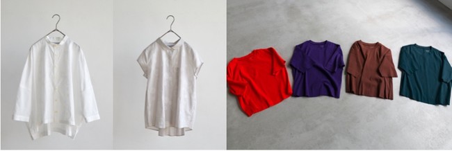 写真左より 刺繍のビッグブラウス、刺繍のバックタックブラウス（いずれもほぼ日別注 STAMP AND DIARY） 、 BIWA COTTON Tシャツ（轟木節子さんがつくる、気持ちのいい服。）