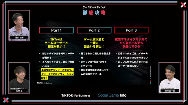 （左から）Social Game Info 達川能孝氏 ／ MOTTO佐藤基氏 ／ TikTok For Business Japan 駒﨑誠一郎