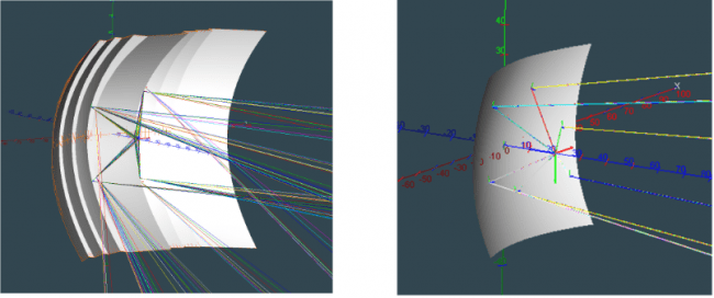 左図：段差のあるマルチリフレクター。 光の分布が散乱している。　右図：自由曲面リフレクター。 滑らかな曲面であり、光効率が高い。