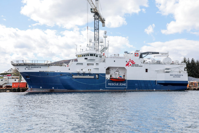 ノルウェー西部の港で出航を待つジオ・バレンツ号＝2021年5月11日撮影　© MSF／Avra Fialas