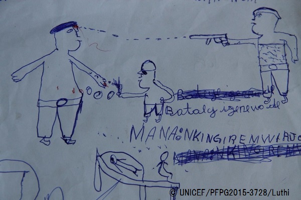 ブルンジの首都ブジュンブラで暴力を目にした子どもが描いた絵。「神様、お願いだから夜は僕を守って」と語った。ユニセフの「子どもにやさしい空間」でトラウマを負った子どもたちが辛い経験を乗り越えることができるように手助けしている。© UNICEF_PFPG2015-3728_Luthi
