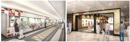（左）阪急三番街　北館１階　「HANKYU　BRICK　MUSEUM」のイメージ　（右）阪急三番街　南館１階　「うめ茶小路」のイメージ