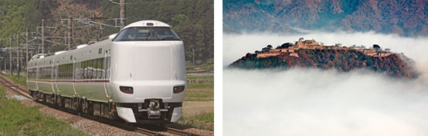 左から）JR列車287系「こうのとり27号」、雲海に浮かぶ竹田城跡（立雲峡撮影）