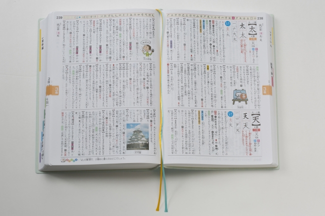漢字辞典の紙面。文字が大きく、色分けされて、見やすく使いやすくなりました。