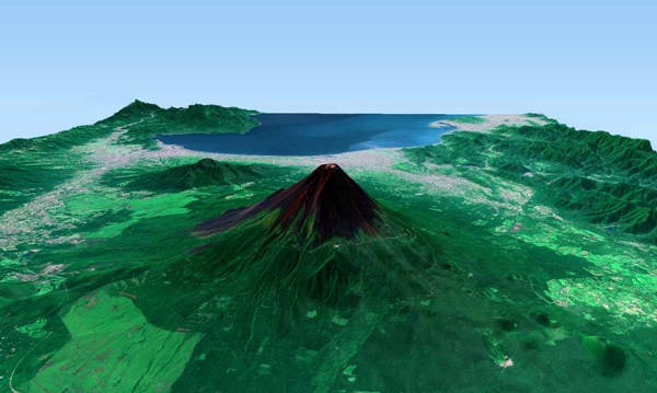 富士山の衛星画像に対応した3Dデータ（衛星画像と同一日時の3Dデータを作成）