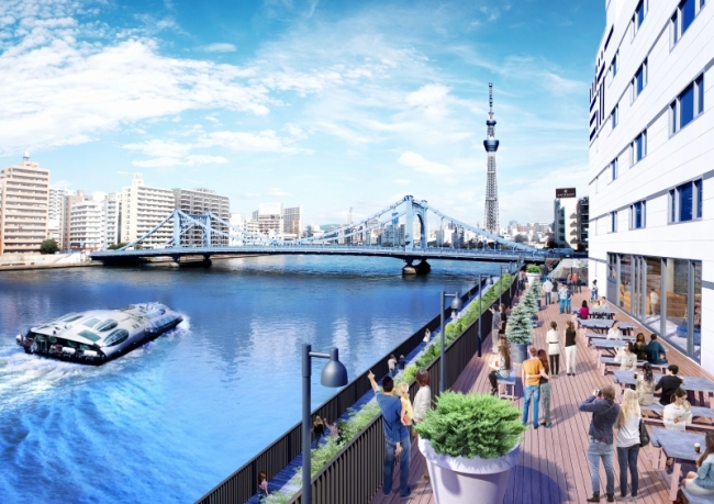 LYURO東京清澄から見える水辺の景色および、かわてらすデッキイメージ