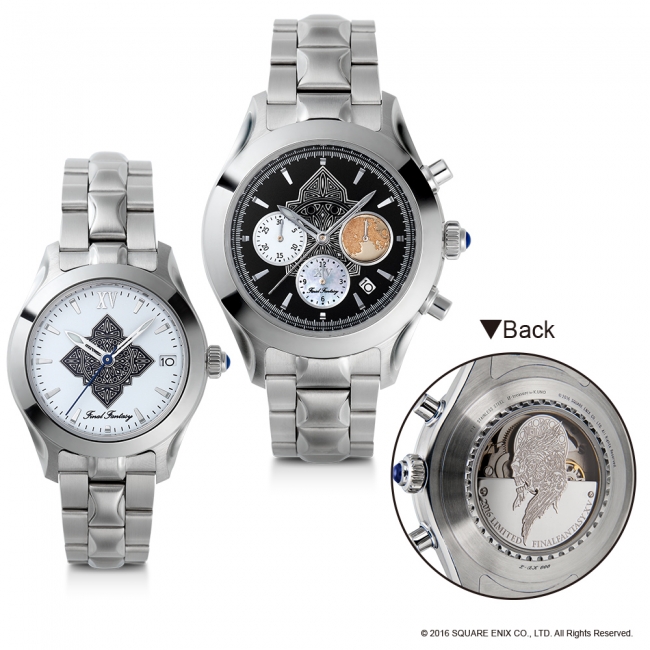 〈 FFXV機械式腕時計 〉 素材：ステンレス 価格：ラージサイズ（写真右）　250,000円(税抜)　※ ブラックカラー「Caelum」は主人公「ノクティス」着用アイテム。 ミドルサイズ（写真左）　150,000円(税抜)