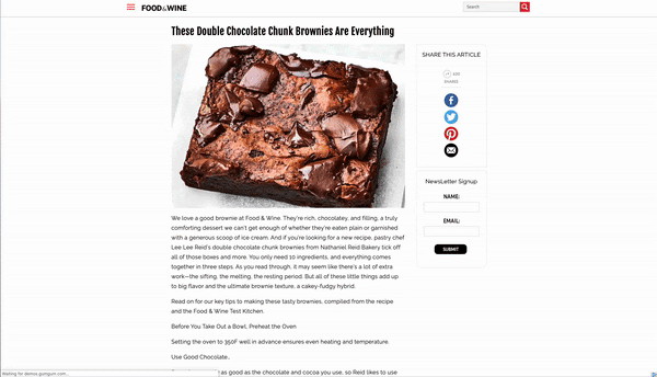 エクスパンダブルのデモ。広告表示後は通常のGumGum広告同様、画面下の定位置に表示され、デスクトップであればマウスオーバー、またはスマートフォンの場合、上方向にスワイプすることで広告枠が拡大。 エクスパンダブルのデモ。広告表示後は通常のGumGum広告同様、画面下の定位置に表示され、デスクトップであればマウスオーバー、またはスマートフォンの場合、上方向にスワイプすることで広告枠が拡大。