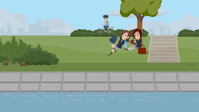 土手と学生の通学風景