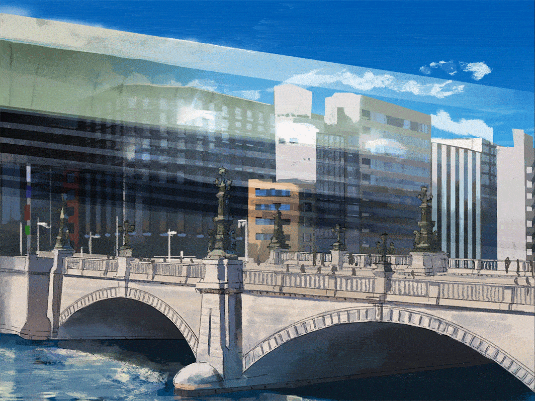 物体が透明に見える効果を表現する「再帰性反射材」を利用し、高速道路が“消えた”日本橋の風景をシミュレート 物体が透明に見える効果を表現する「再帰性反射材」を利用し、高速道路が“消えた”日本橋の風景をシミュレート