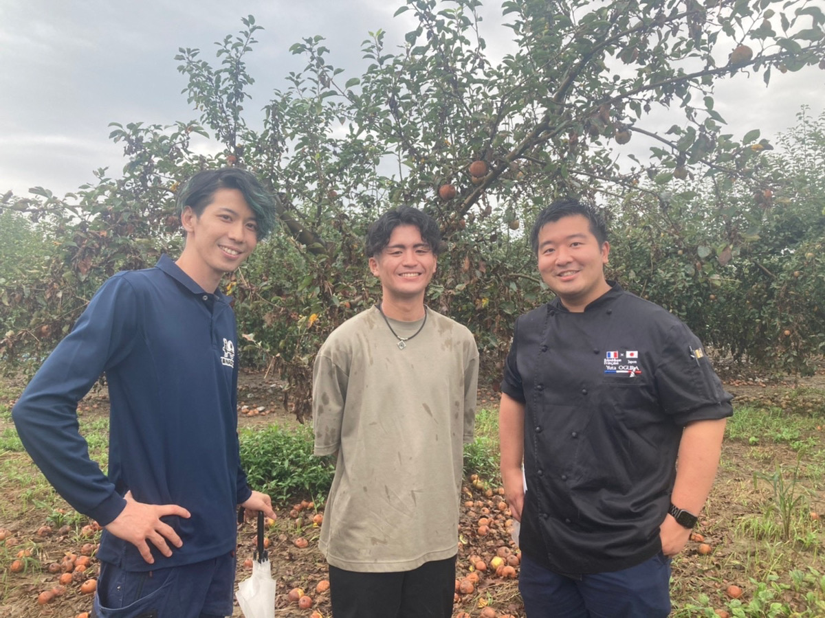 米農家NAORACEの近藤匠さん、中田農園の中田洋輔、pâtisserie café vivantpâtissier YUTAの両ブランドのシェフパティシエ小倉優太さん