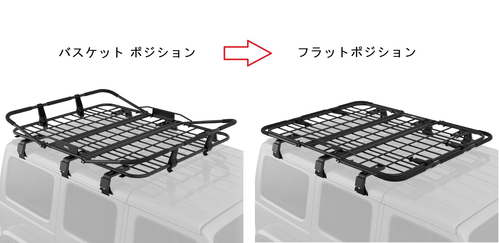 トランスフォーム可能な3Dルーフラックに、ジムニー（64/74W）等の雨 